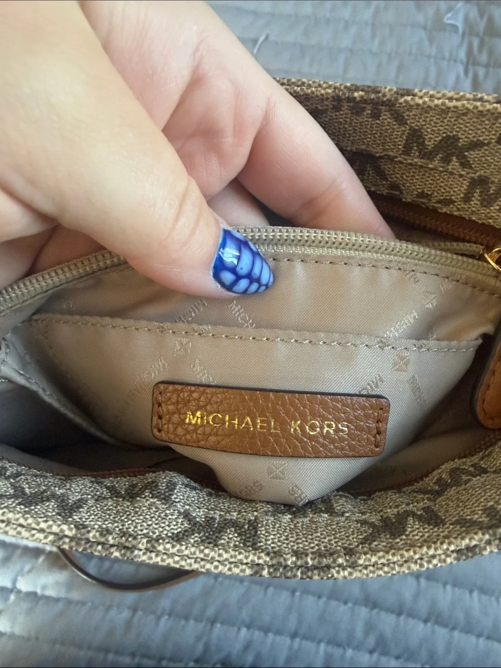 Michael Kors Beige MK Monogram Crossbody with Brown Strap